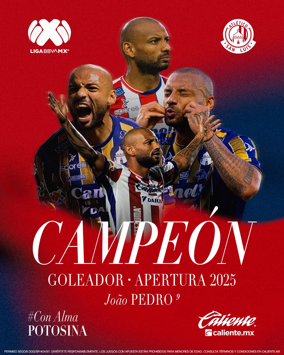AtletideSanLuis's tweet image. JOÃO PEDRO, EL GLADIADOR POTOSINO CAMPEÓN DE GOLEO. 🥹⚽️

Nuestro delantero Ítalo-brasileño consiguió el título de goleo del #Apertura2025 gracias a sus 12 anotaciones a lo largo del torneo. 🇮🇹🇧🇷👏🏼

#ConAlmaPotosina @calientesports