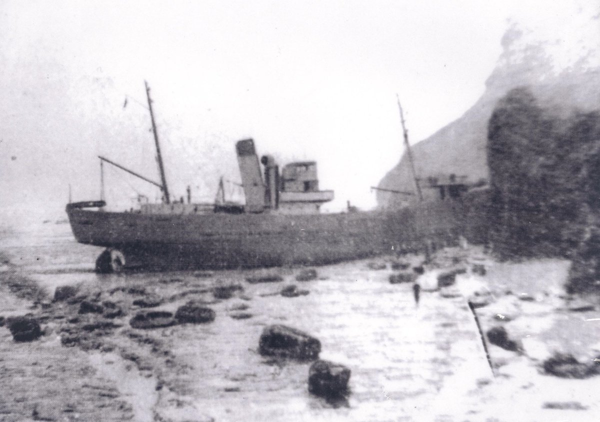 MuseumRnli's tweet photo. OTD 1939 HMS Cape Cormorin ran ashore under Whitbys East Cliff. The RNLB MaryAnn Hepworth was launched to aid the vessel. The crew of 18 were taken off by the Lifeboat.Cox Murfield was awarded a Sliver Medal whilst crew Dryden &amp; Philpott received Bronze Medals for their gallantry https://t.co/7OxF3hrIwz