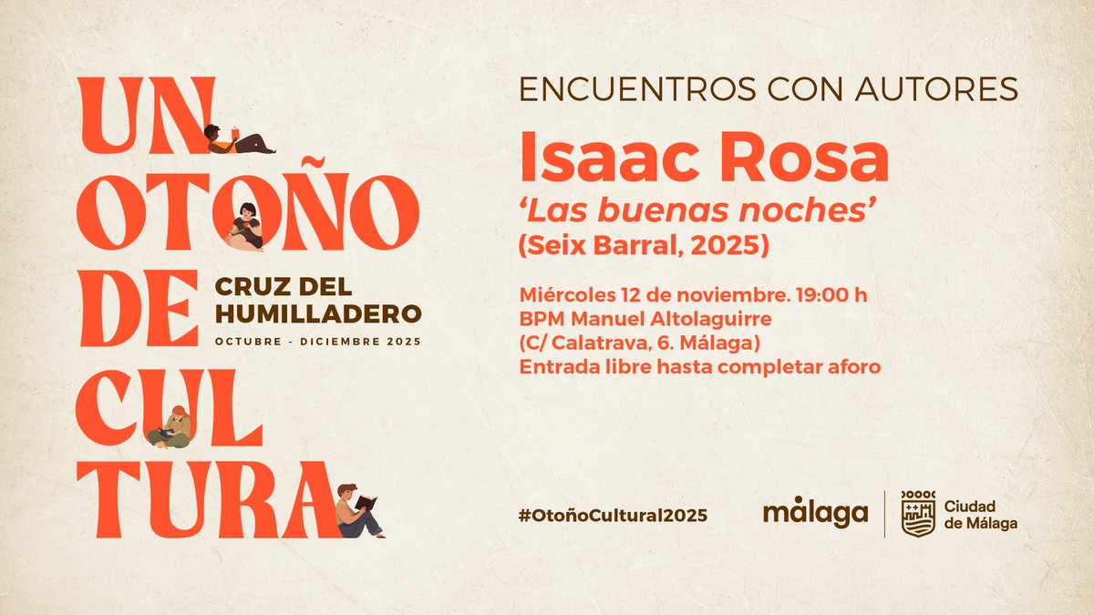 Esta semana, el novelista #IsaacRosa visita el ciclo Un otoño de cultura 2025, organizado por <a href="/Distrito6M/">Distrito Cruz del Humilladero</a> del <a href="/malaga/">Ciudad de Málaga</a>, para conversar con los lectores sobre los diversos asuntos que aborda en 'Las buenas noches', su última novela que publica en <a href="/Seix_Barral/">Seix Barral</a>. Os esperamos. 🍁