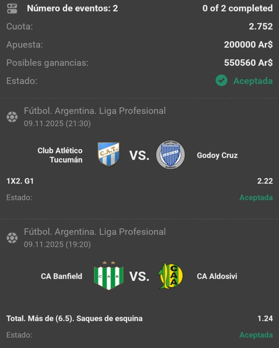 LIGA PROFESIONAL⚽️
🇦🇷Atlético Tucuman vs Godoy Cruz🇦🇷 | 🇦🇷Banfield vs Aldosivi🇦🇷

➡️Gana Tucuman 

➡️Habrán 7 saques de esquina o más 

📈Cuota 2.75

Exitos gente!