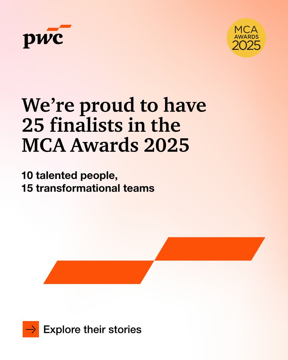 ZelfHussain's tweet image. Congratulations to PwC UK&apos;s 10 incredibly talented individuals and 15 outstanding project teams for being shortlisted for the MCA Awards 2025.

Find out more about the finalists on our website: pwc.to/4oZm5Og 

#MCAwards #PwCProud