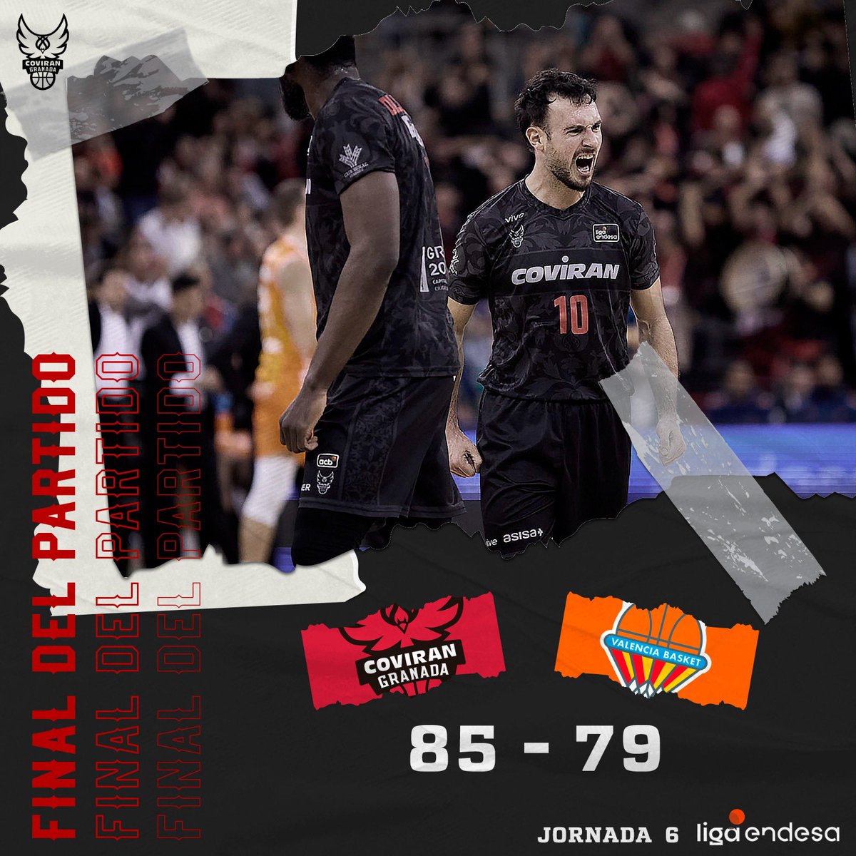 🔥 ¡𝐓𝐄𝐍𝐄𝐌𝐎𝐒 𝐋𝐀 𝐏𝐑𝐈𝐌𝐄𝐑𝐀 𝐕𝐈𝐂𝐓𝐎𝐑𝐈𝐀!
🙌 ¡El líder cae en Granada!
💪 ¡ENORME ESFUERZO DE TODOS!
❤️ <a href="/Coviran/">Covirán</a> Granada 85.
🆚 <a href="/valenciabasket/">Valencia Basket Club</a> 79.
📍 Palacio de Deportes.
🏆 Liga Endesa.

#ContigoFundación