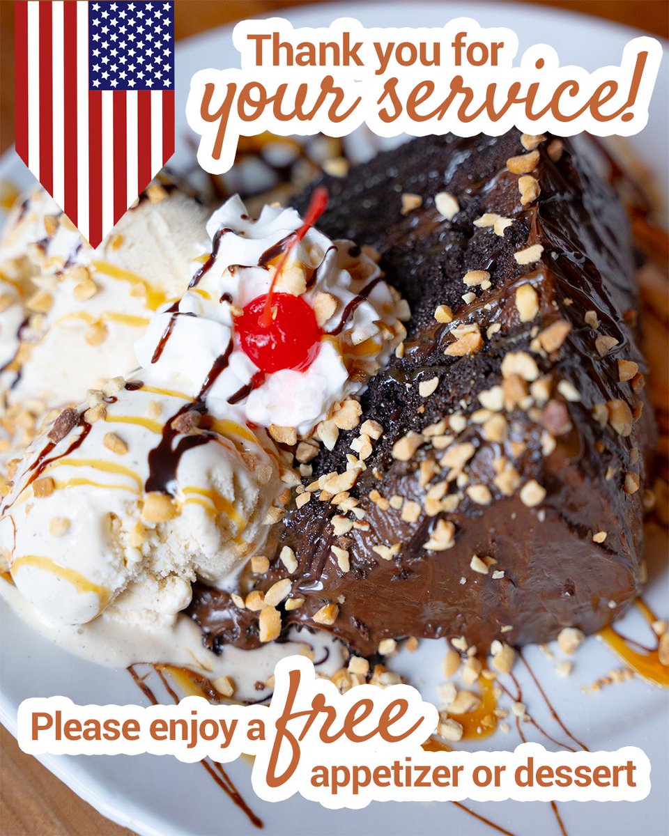 To all who serve and have served, this one’s for you. Enjoy your favorite appetizer or dessert on us this Veterans Day, 11/11.