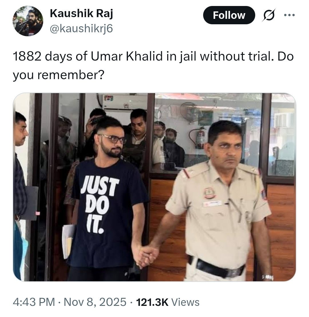 iam_rizaulislam's tweet image. 1882 days behind bars.
No trial. No verdict.

When dissent becomes a crime,
the system becomes the criminal.

#UmarKhalid #DemocracyOnTrial ✊