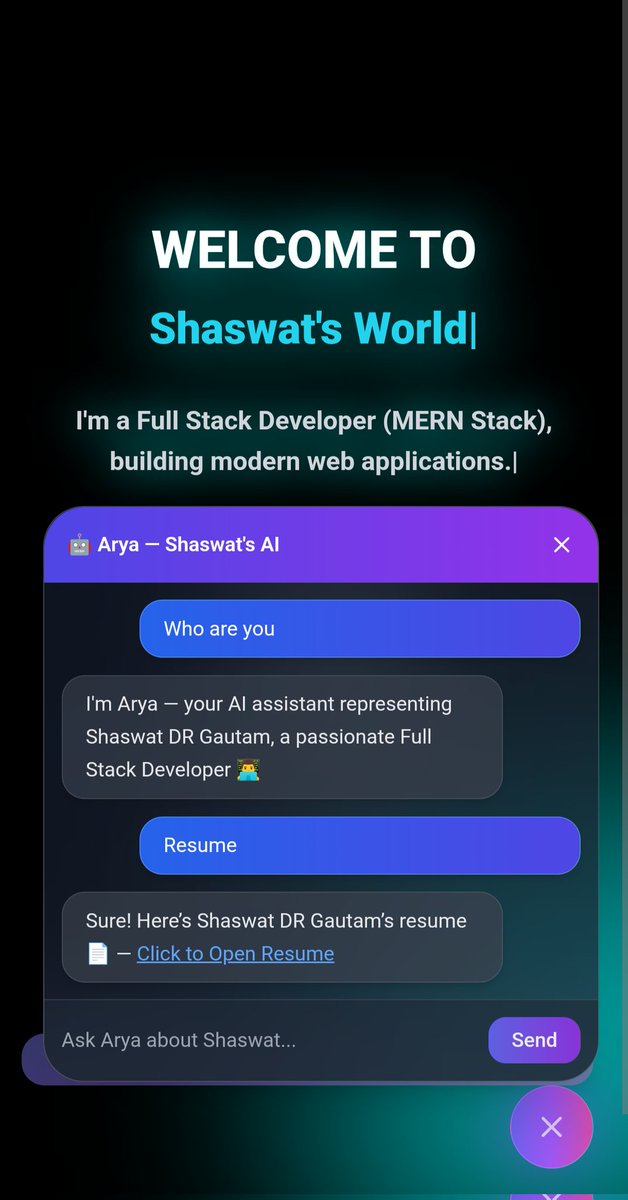 CoderShaswat's tweet image. Just launched: AI Assistant in my portfolio!
Meet Arya 🤖 — ask about my skills, projects or experience.
🔗 Explore: shaswat-portfolio-mu.vercel.app
.
#AI #WebDev #Portfolio #Reactjs