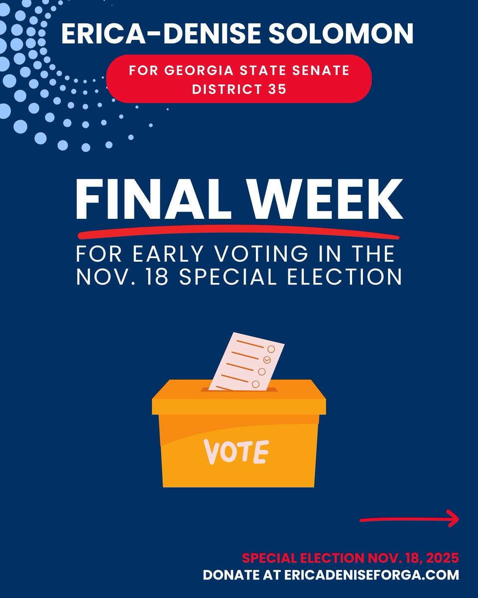 EricaDeniseGa's tweet photo. STOP SCROLLING! It's the last week for #EarlyVoting. If you want a voice at the Capitol for #District35, VOTE NOW. Don't wait for #ElectionDay - #VOTE EARLY! 

Cobb
•Taylor-Brawner House
•Main Office

Fulton
•C.T. Martin Rec Center 
•Northwest Library 
•Wolf Creek Library https://t.co/DOL6M8Tvpf