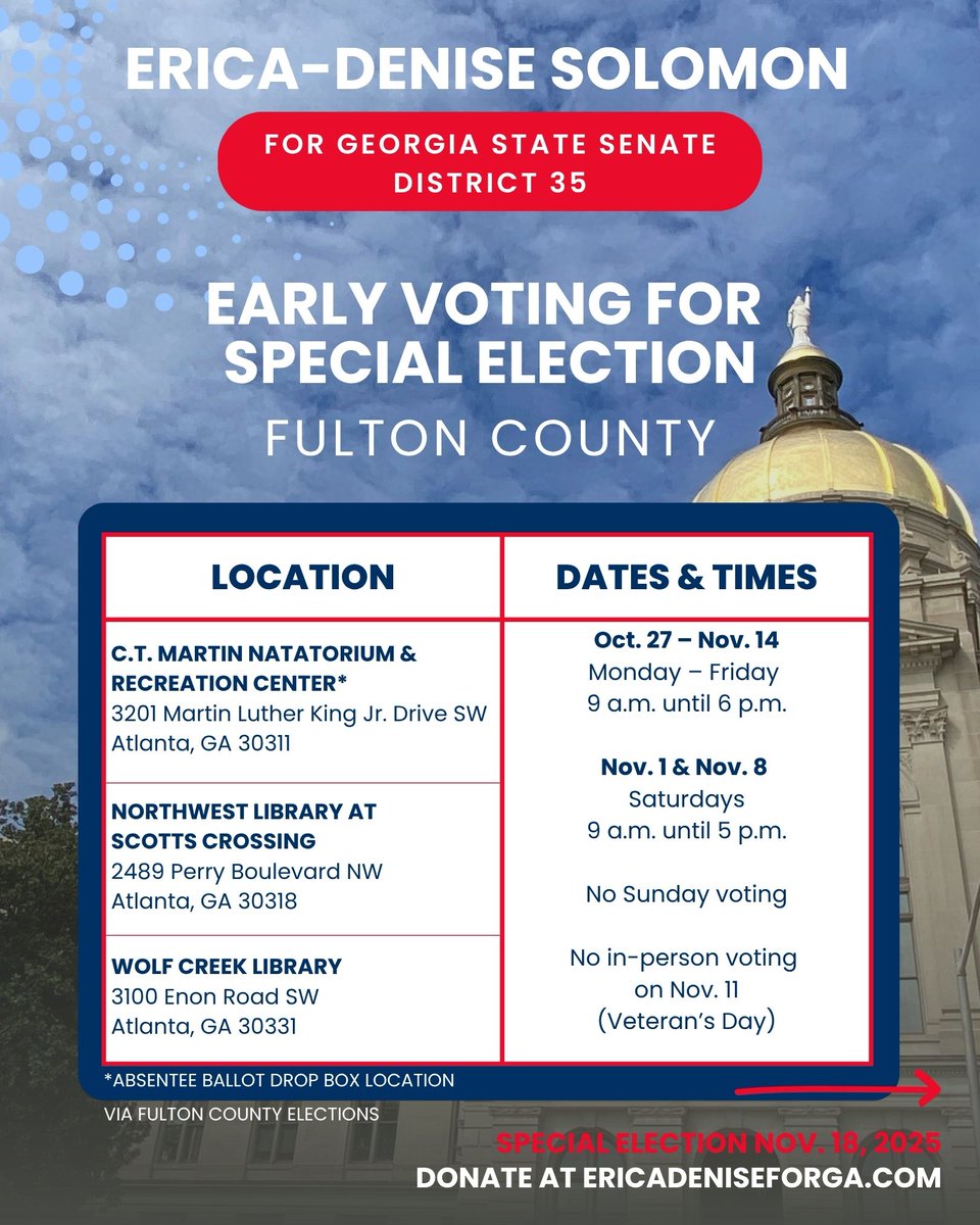 EricaDeniseGa's tweet photo. STOP SCROLLING! It's the last week for #EarlyVoting. If you want a voice at the Capitol for #District35, VOTE NOW. Don't wait for #ElectionDay - #VOTE EARLY! 

Cobb
•Taylor-Brawner House
•Main Office

Fulton
•C.T. Martin Rec Center 
•Northwest Library 
•Wolf Creek Library https://t.co/DOL6M8Tvpf