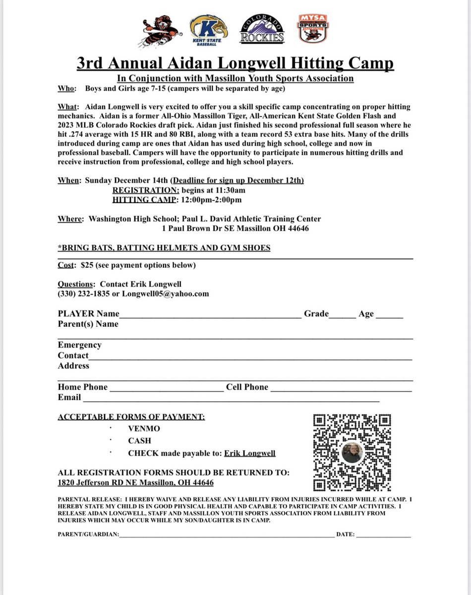 Aidan_Longwell's tweet photo. 3rd Annual Aidan Longwell Hitting Camp! December 14th. Use the form below to sign up! Can’t wait to see everyone this year! https://t.co/7Cs80hOKRs
