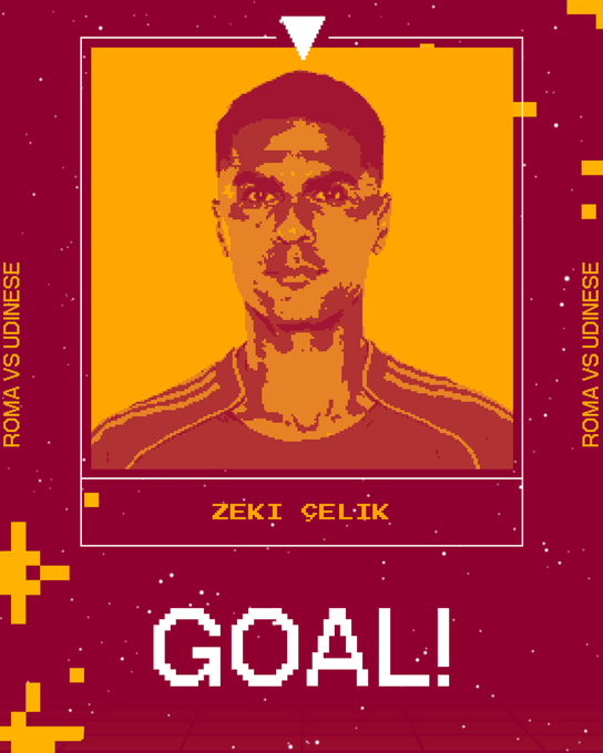 Stylized graphic in maroon and orange with geometric elements framing a portrait of Zeki Celik wearing a red and yellow AS Roma jersey, his name Zeki Celik below the image, and bold text GOAL above in white on a maroon background