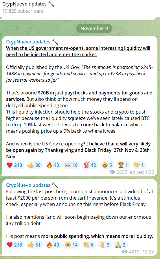 I think that last week's move was triggered by the liquidity squeeze that the US Gov shutdown is causing.

What will happen once it re-opens? 
They have no choice but to inject liquidity!

I think it'll open by 17th - 20th November, a week ahead of Thanksgiving &amp; Black Friday.