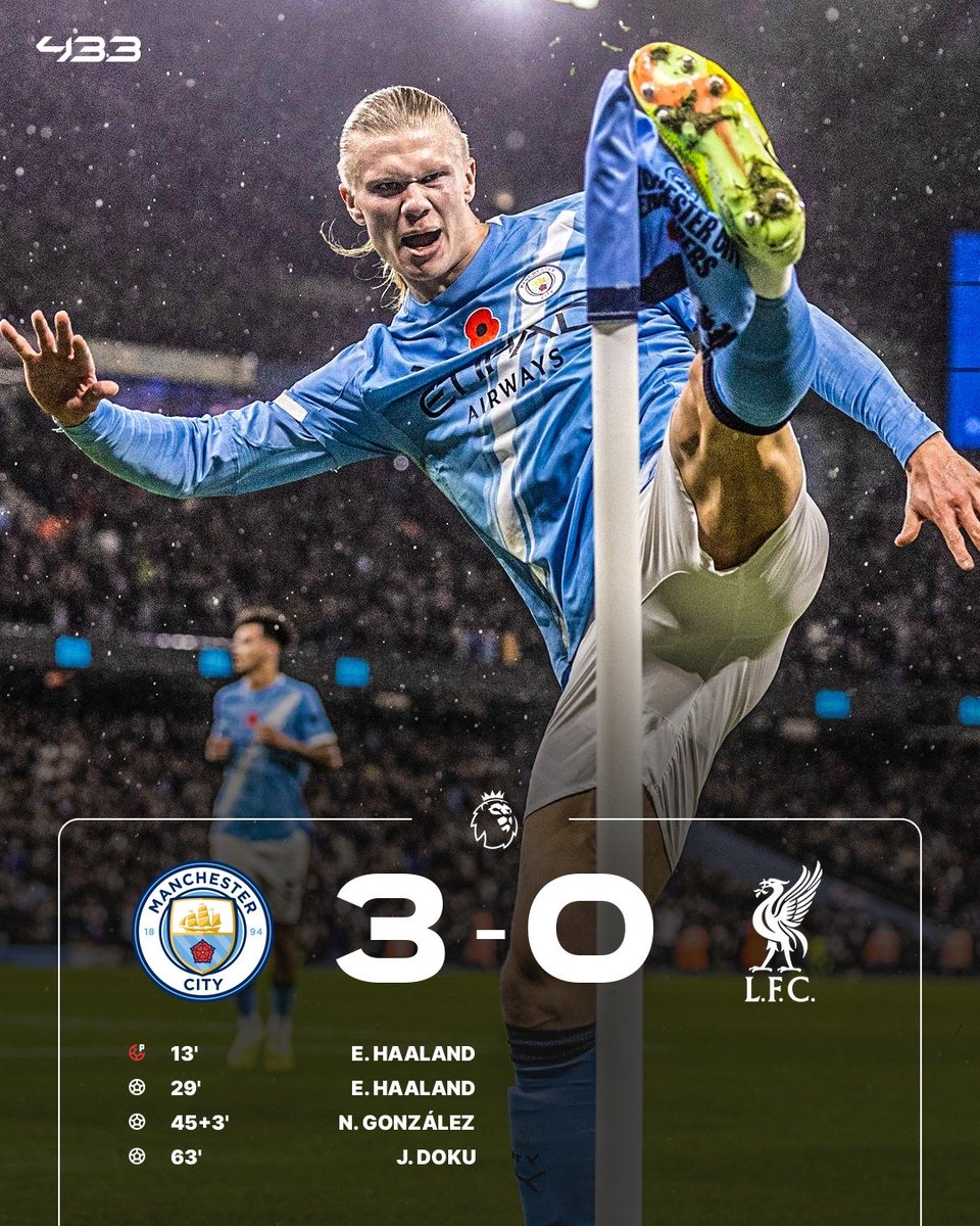 433's tweet image. 𝐀 𝐒𝐓𝐀𝐓𝐄𝐌𝐄𝐍𝐓 𝐖𝐈𝐍 𝐅𝐑𝐎𝐌 𝐌𝐀𝐍 𝐂𝐈𝐓𝐘 🫡

🤖 Haaland just keeps 𝙎𝘾𝙊𝙍𝙄𝙉𝙂 😮‍💨
⚡ A 𝘽𝙍𝙄𝙇𝙇𝙄𝘼𝙉𝙏 goal and performance from Doku ⭐️
👔 Pep Guardiola wins 1000th game as a manager 👏