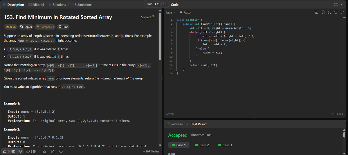 rituu_09's tweet image. Day 312 - 313 of 2025:                                 
👩‍💻 Code to Crack Companies!  
▫️Binary Search
▫️Find First and Last Position of Element in Sorted Array
▫️Find Minimum in Rotated Sorted Array
#CodingJourney #PlacementPrep #2025Goals #leetcode #letsconnect