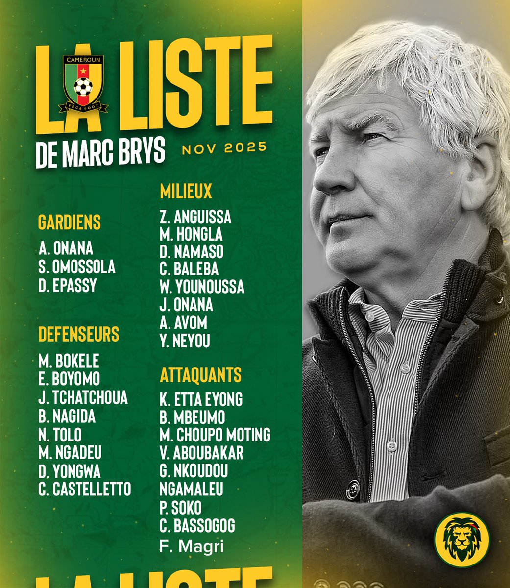 🟢 OFFICIEL ! La liste des joueurs convoqués par Marc Brys pour disputer les barrages continentaux à partir du 13 novembre prochain au Maroc. 🦁🇨🇲