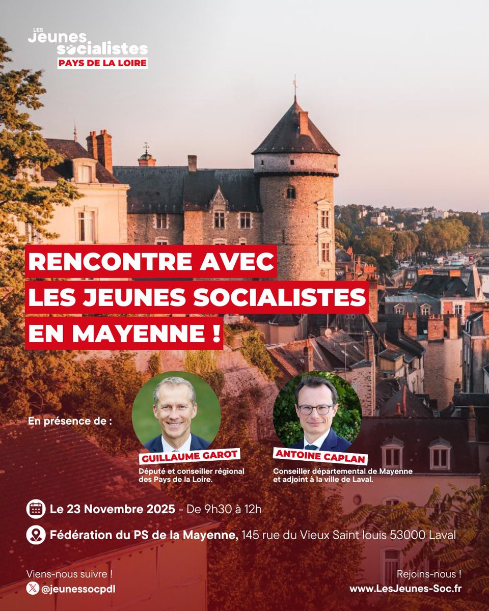 Les @JeunesSocPDL te donnent rendez-vous à Laval ! 📣

Une matinée d’échanges autour de nos combats pour la justice sociale, l’écologie et la solidarité 🌹

🗓 23 nov. 2025 – 9h30 à 12h
📍 Fédé PS de la Mayenne à Laval

Viens débattre, proposer, t’engager ! 💬
