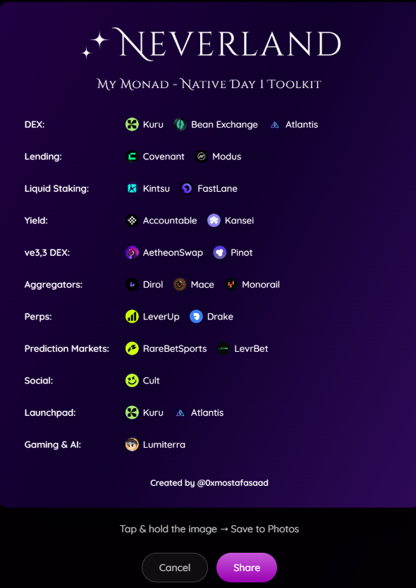 This is my Monad Mainnet Toolkit. Day 1 is gonna be a movie ✦ Make yours here: toolkit.neverland.money