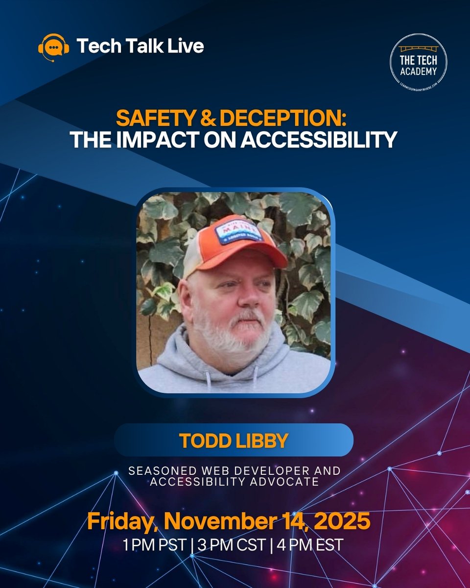 TheTechAcad's tweet image. 🔒 Tech Talk: Safety &amp;amp; Deception — The Impact on Accessibility

👉 Reserve your spot now and be part of the movement for a more honest web: bit.ly/43MK5f9

#techtalk  #thetechacademy #onlinecodingbootcamp #techjob