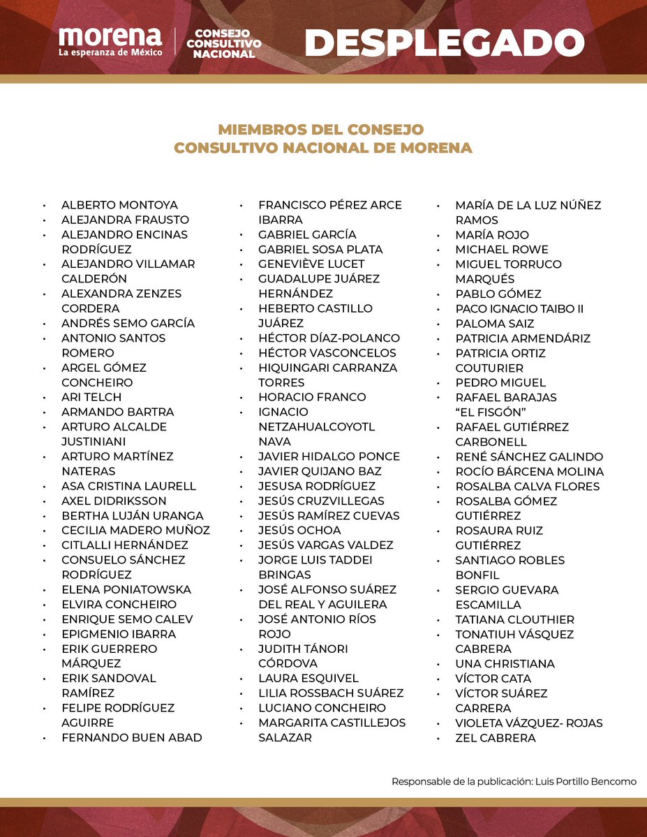 LuisaAlcalde's tweet photo. "Por la paz, la seguridad, la soberanía, la democracia y la justicia, respaldo total a la Presidenta @Claudiashein": Desplegado del Consejo Consultivo Nacional de @PartidoMorenaMx👇🏼 https://t.co/ruDKXGeY43
