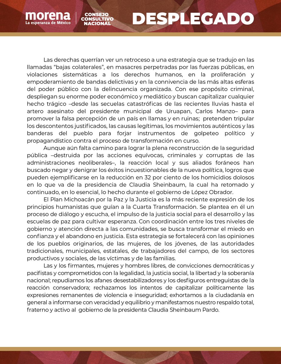 LuisaAlcalde's tweet photo. "Por la paz, la seguridad, la soberanía, la democracia y la justicia, respaldo total a la Presidenta @Claudiashein": Desplegado del Consejo Consultivo Nacional de @PartidoMorenaMx👇🏼 https://t.co/ruDKXGeY43