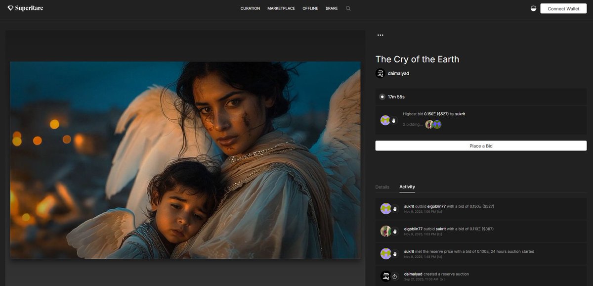 Less than 20 minutes left — and a bidding war is unfolding between <a href="/sukrits25/">sukrits25.eth</a> and <a href="/HolomediaVn/">ᖴᖇEᗪᗰ ೀ Aka Elgoblin77 ೀ</a>. 🥲

= The Cry of the Earth = is a deeply personal artwork for me.

At its core, it stands as a condemnation of the ongoing genocidal campaign against the Palestinian people, created in