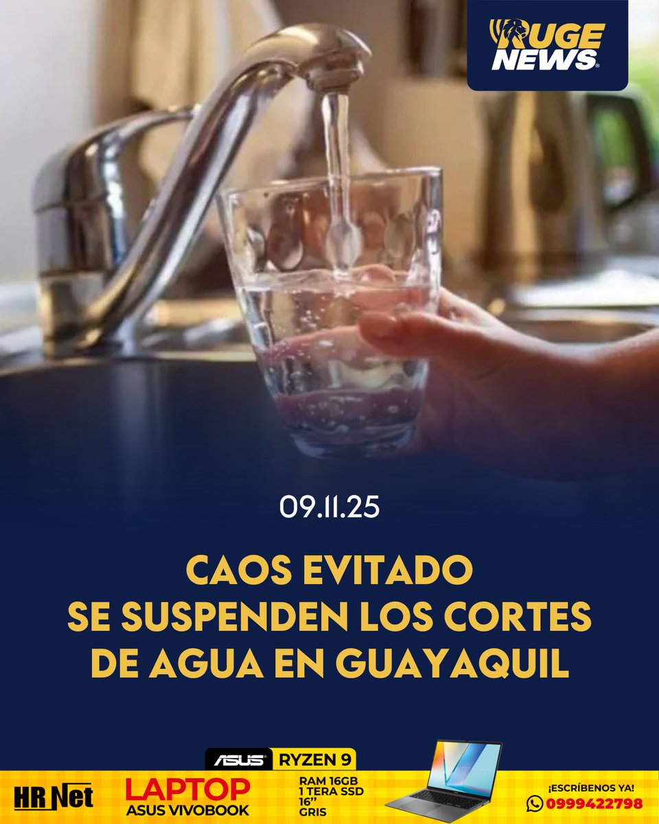 Tras horas de confusión, Interagua confirmó que Guayaquil y sus cantones no sufrirán cortes de agua este 9 de noviembre. CELEC y CNEL suspendieron los trabajos que afectaban la planta La Toma y la vía a la costa. El servicio se mantendrá con normalidad💧

#RugeNews #Interagua