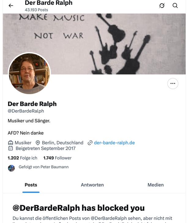der nächste <a href="/DerBardeRalph/">Der Barde Ralph</a> der lieber blockt, zuerst antworten, dann blocken
Es war nicht anders zu erwarten, dass so etwas  von dir kommt.
Von einem Barden erwartet man etwas anderes aber emphatie gegenüber einem von vom krieg betroffenen, ein fremdwort