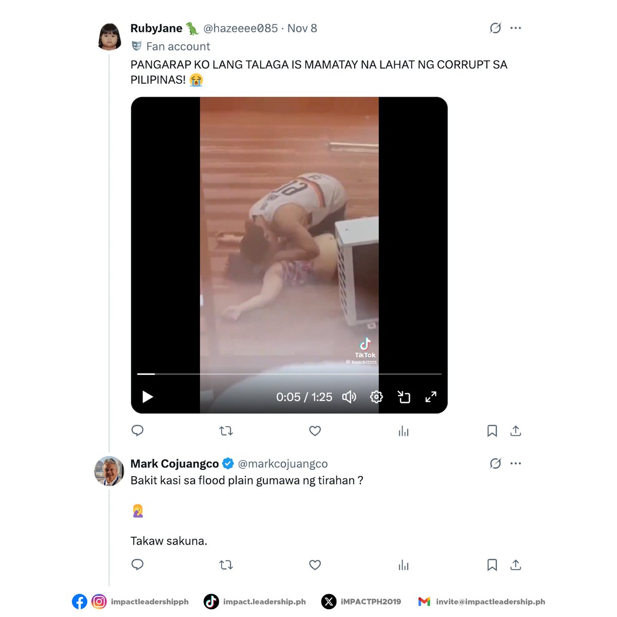 iMPACTPH2019's tweet photo. PANGASINAN CONGRESSMAN FACES BACKLASH OVER FLOOD COMMENTS

Pangasinan 2nd District Rep. Mark Cojuangco drew criticism from netizens after commenting on the deadly floods that struck Cebu and other parts of the country due to Typhoon Tino.

A netizen had reposted a TikTok video showing residents affected by the disaster, writing on X (formerly Twitter) on Saturday, November 8: "PANGARAP KO LANG TALAGA IS MAMATAY NA LAHAT NG CORRUPT SA PILIPINAS! 😭"

In response on Sunday, November 9, Cojuangco wrote: "Bakit kasi sa flood plain gumawa ng tirahan? 🤦‍♀️ Takaw sakuna."

His remark sparked backlash on social media, with many netizens condemning his statement amid the human suffering caused by the floods.