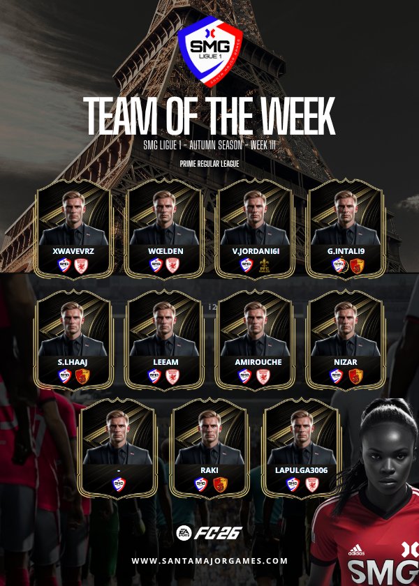 🏆SMG FRANCE L1 🇫🇷 (Semaine III) 

📊 Classement 
👤 Team Of The Week | TOTW 

Hosted By <a href="/SMG_TheGame/">Santa Major Games</a>

#SMG #EAFC26 #ESPORT 
santamajorgames.com