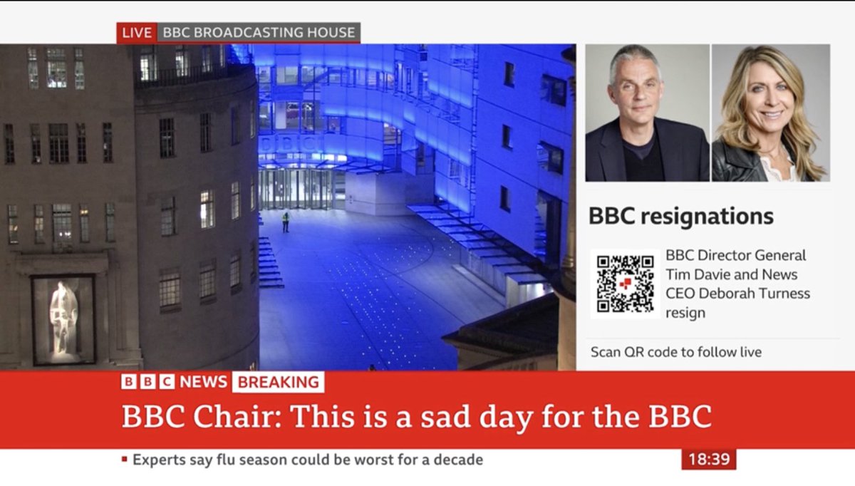BBC News currently showing live shot BBC Broadcasting House as BBC Chair says it is a sad day for the BBC as a BBC correspondent reads out resignation statements of BBC bosses