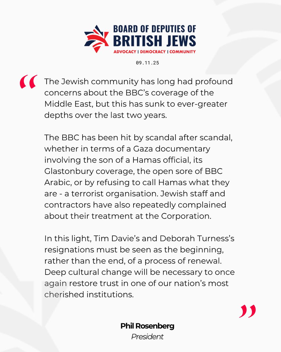 BoardofDeputies's tweet image. &quot;Tim Davie’s and Deborah Turness’s resignations must be seen as the beginning, rather than the end, of a process of renewal. Deep cultural change will be necessary to once again restore trust in one of our nation’s most cherished institutions.&quot; 

Our full statement below: