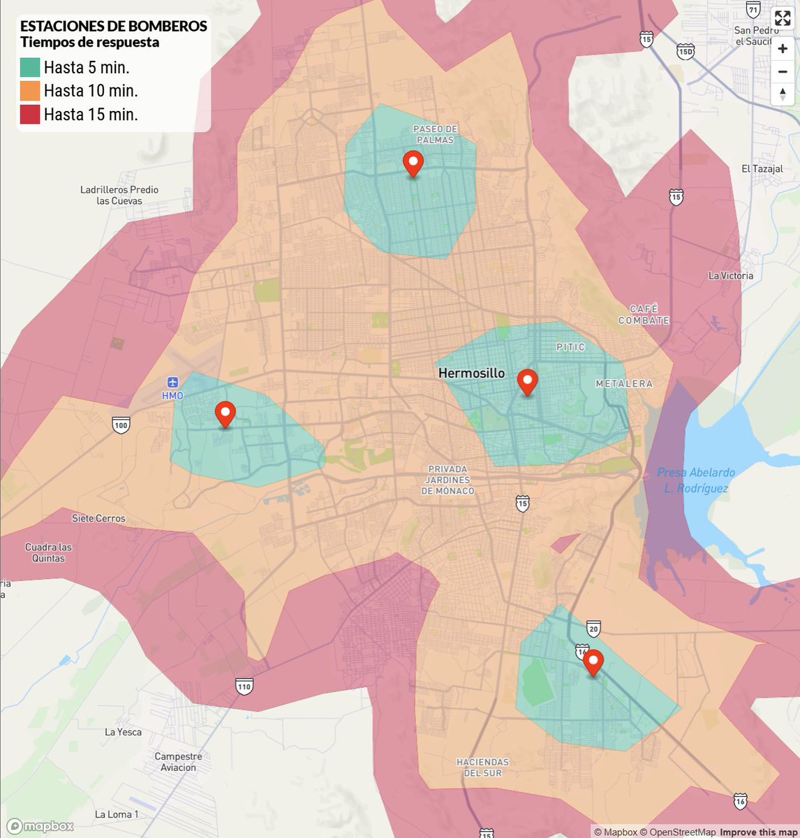 En #Hermosillo prácticamente toda el área urbanizada se encuentra a un máximo de 10 minutos de una de las 4 estaciones del Departamento de <a href="/BomberosHermos1/">BomberosHermosillo</a> <a href="/HermosilloGob/">Gobierno de Hermosillo</a>  

Datos obtenidos desde <a href="/openstreetmapmx/">OpenStreetMapMX</a> y
@ProjectOSRM,  suponiendo una carga de tráfico promedio,