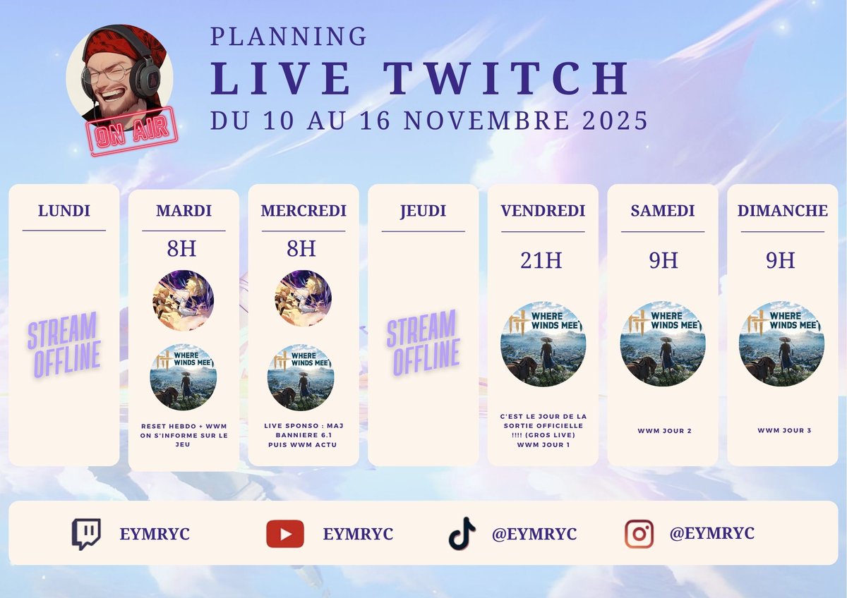 Planning de la semaine 

Oui je suis totalement Hype par <a href="/WhereWindsMeet_/">Where Winds Meet</a> 
Et pour l'occasion je fais un Giveaway  de 3 passes de combat sur le jeu

Pour participer: 
- RT + Follow @eymryc 
- TAS le Samedi 15 Novembre

Tout se passera ici : 

twitch.tv/eymryc