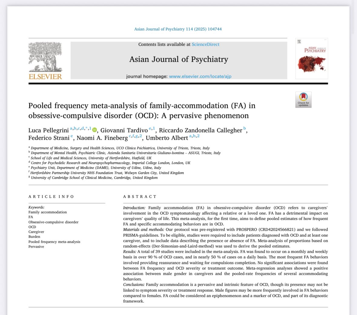 PsychiatryAsian's tweet image. Caregivers often accommodate OCD—weekly &amp;gt;90%, daily ~48%—especially via reassurance &amp;amp; waiting out rituals. Treating OCD can reduce FA burden. sciencedirect.com/science/articl… #OCD #FamilyAccommodation #MentalHealth #Psychiatry #Caregivers #MetaAnalysis #OCDResearch #AJP #AsianJournalofPsy
