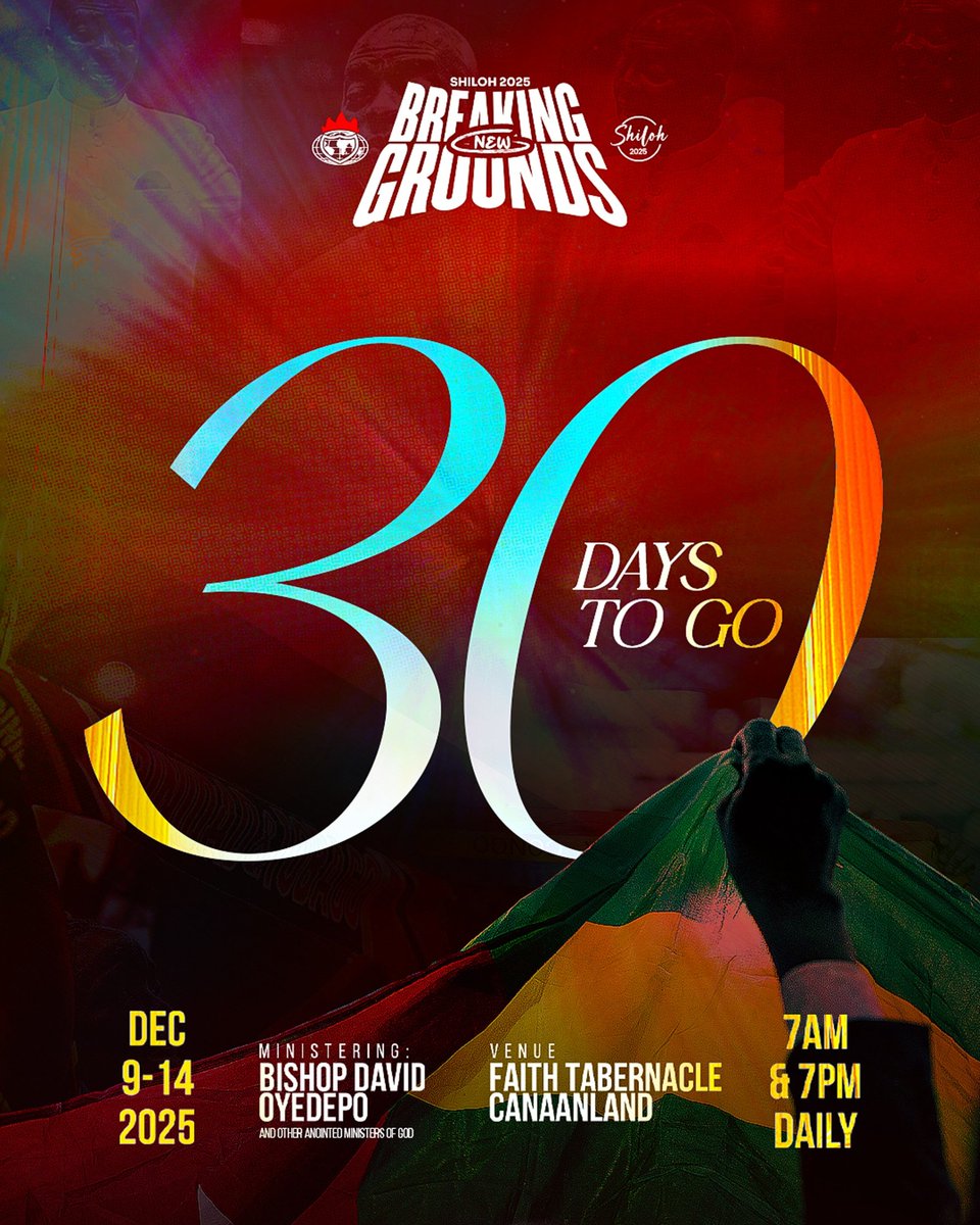 30 days to go!

The sound of expectation is rising, and the ground is stirring. Hearts are aligning for divine encounters.

This December, we’re not just attending — we’re breaking new grounds.

Prepare to be there!

#BreakingNewGrounds
#Shiloh2025