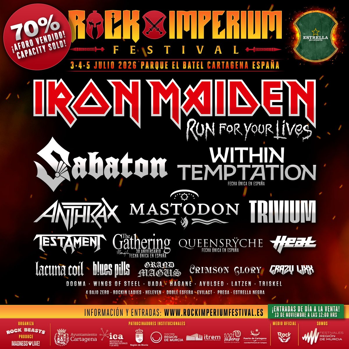 📣 ¡BESTIAL! ¡70% DEL AFORO VENDIDO PARA ROCK IMPERIUM FESTIVAL 2026!📣

No tenemos palabras para agradecer la tremenda acogida que ha tenido el anuncio y cierre de cartel para Rock Imperium Festival 2026 🥹 

Todo lo que podemos hacer es seguir trabajando para ofrecer a todas