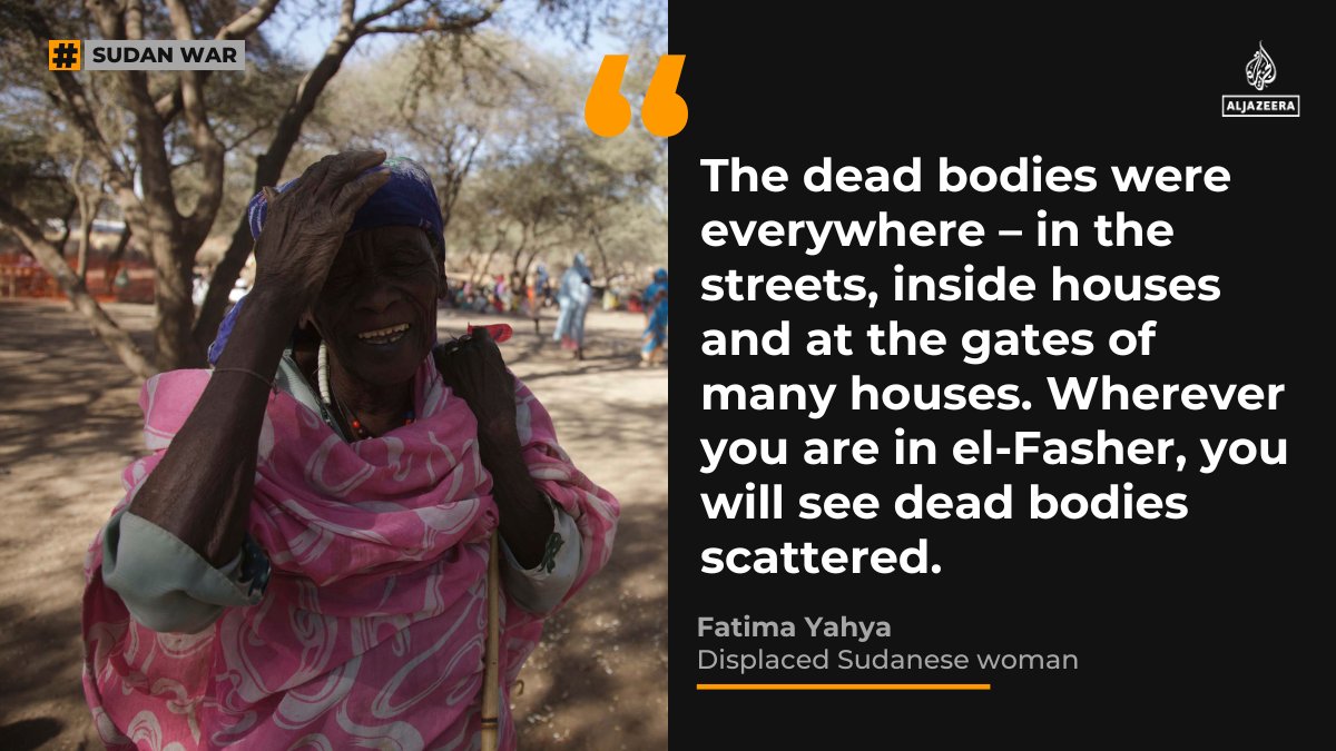 Sudanese civilians who fled el-Fasher have given testimonies describing bodies in the streets, families torn apart and days without food after the city fell to the paramilitary Rapid Support Forces.

Read here: aje.io/qt6vvm