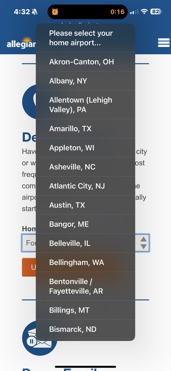 DaPearl's tweet image. Funny little faux pas.. @Allegiant asks users to pick their home airport - but out of the 100 or so listed, they somehow missed the busiest airport in the world - ATLanta!
At least they got Appleton, WI tho 😊