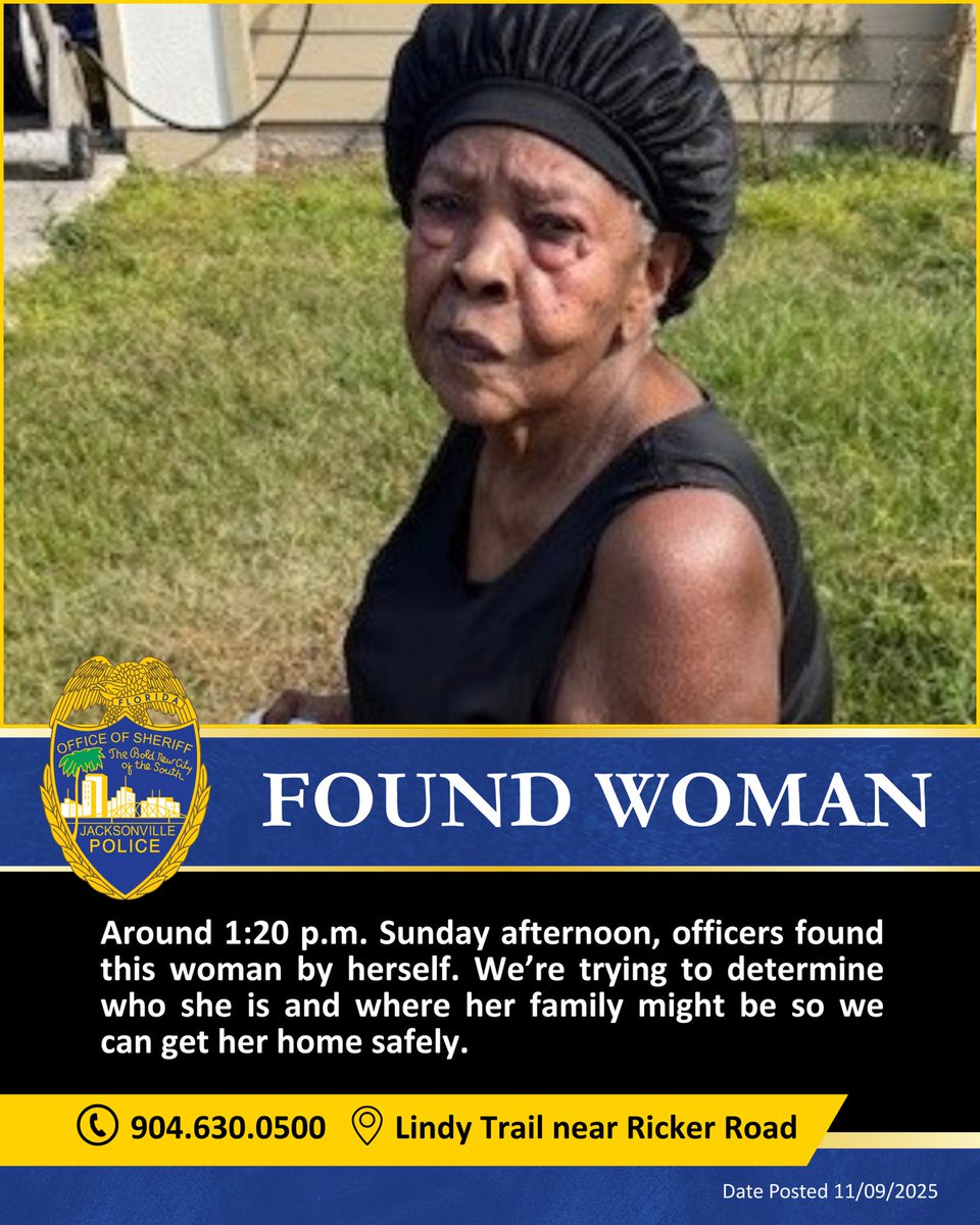 JSOPIO's tweet photo. 𝐅𝐎𝐔𝐍𝐃 𝐖𝐎𝐌𝐀𝐍: 𝐃𝐨 𝐲𝐨𝐮 𝐤𝐧𝐨𝐰 𝐰𝐡𝐨 𝐬𝐡𝐞 𝐢𝐬? 
The Jacksonville Sheriff’s Office is actively searching for someone who may know who this elderly woman is. Around 1:20 p.m this afternoon, officers found her near Lindy Trail off Ricker Road. We’re trying to determine who she is and where her family might be so we can get her home safely.

She is 5’6” and 160 pounds. She has brown eyes and grey hair. She’s wearing a black bonnet, a black shirt, a multi-colored skirt, and white slides. She may be of Haitian descent. She may possibly have the last name  “St. Louis”. 

If you know who this woman is, call us at 904.630.0500. Please share this post so we can spread the word faster!