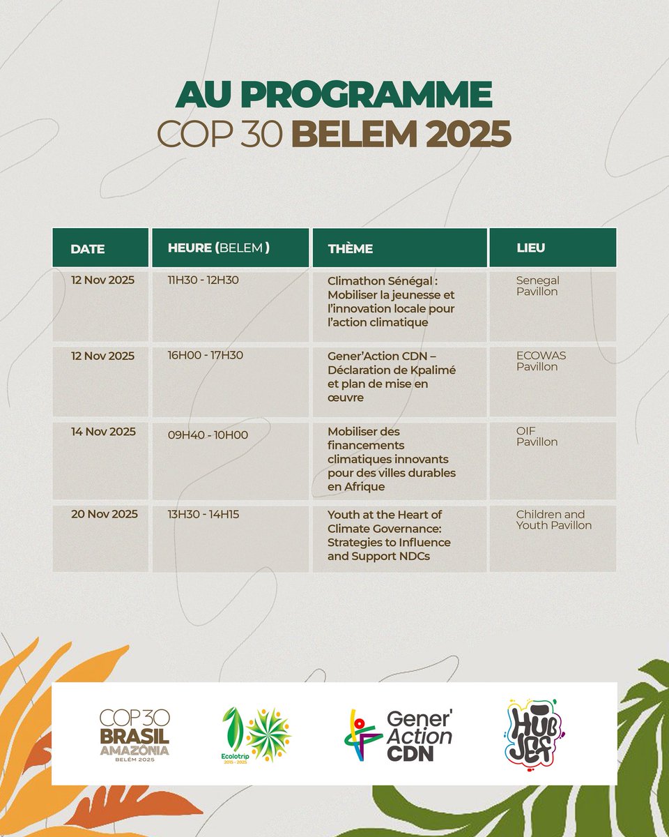 ecolotriporg's tweet image. Ecolotrip à la #COP30 #Belem2025 🇧🇷

De la mobilisation locale à la gouvernance mondiale, nous portons des solutions concrètes pour un avenir durable. 

Nous avons hâte de vous y trouver si vous êtes à Belém ! 💚

#Ecolotrip #ClimateAction #YouthForClimate #AfricaForClimate