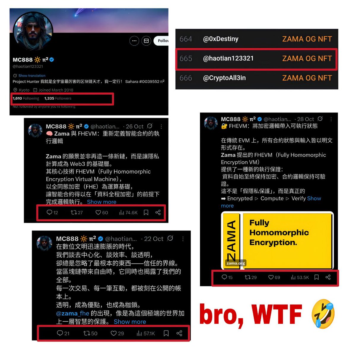 52hz0whale's tweet photo. GM Fam! @randhindi
Part 3 (Ranks 516 to 699)
Zama's Leaderboard is Surrounded by Cheaters and Bots!

Can you believe that some people on the leaderboard don't even know why they're there? LOL
In this part, we will see accounts that haven't even tweeted a single "gZama" yet are on the leaderboard.
We will see accounts that have bought fake impressions and have done it in such a way that their small accounts have more views than Zama's official account, but with no comments or likes! LOL

I have tagged the team multiple times and haven't received any clear response. Let's consider that maybe they are working on fixing the leaderboard issue at this very moment, which is why they aren't reacting.

Please check and share all the tweets so that justice isn't just limited to words, and we can finally witness justice in action!
#ZamaCreatorProgram @zama 
[1/5]