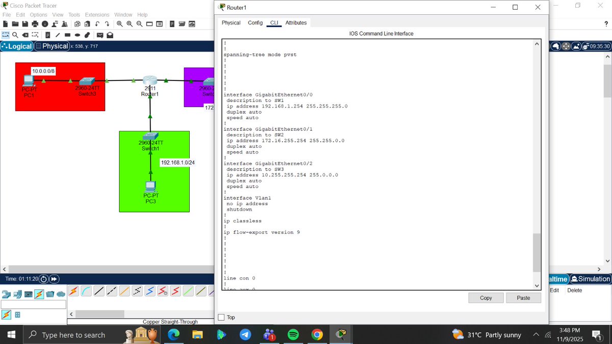 amyy_nwa's tweet image. Day 3/100 #100DaysOfNetworking
Built 3 IPv4 subnets using 1 router + 3 switches.
Connected each LAN to the router, enabled interfaces, and verified connectivity.
Ping across subnets succeeded (first reply lost to ARP). Switches dynamically learned MACs.
@ireteeh @segoslavia