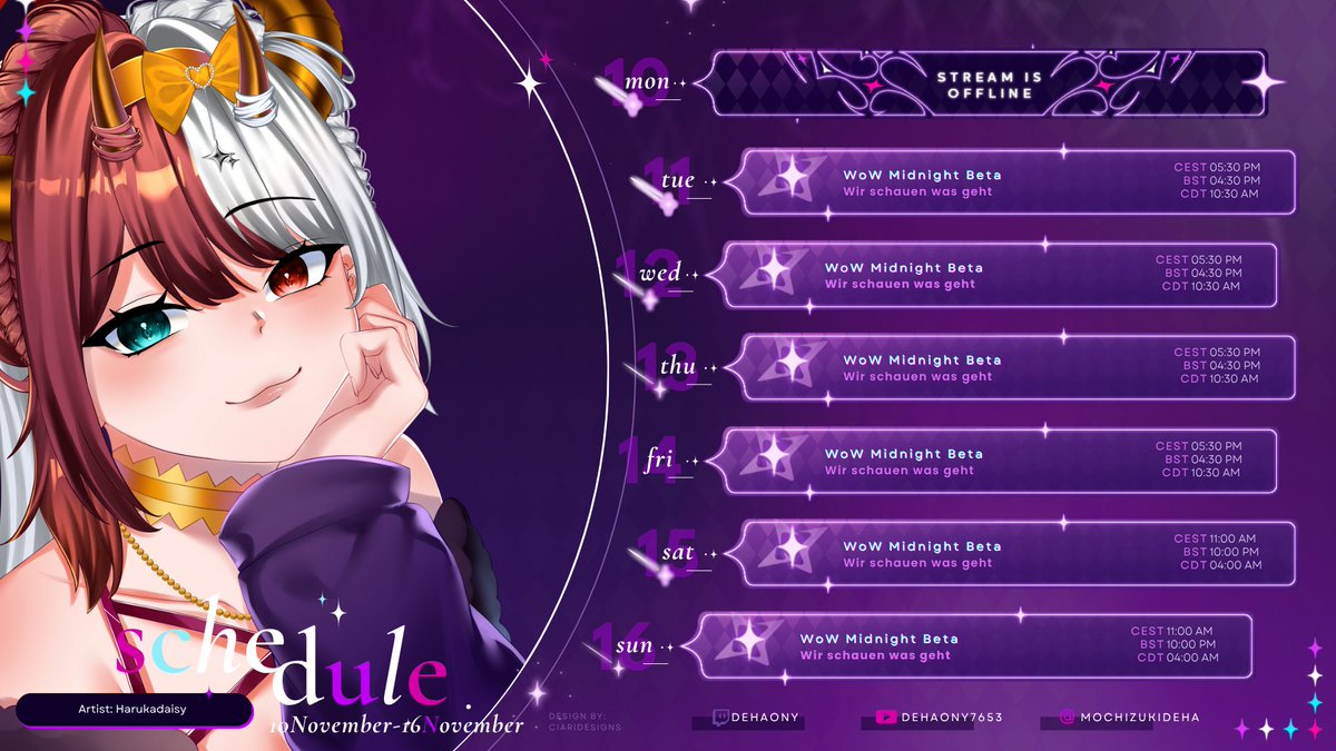 Hey Hey hier der plan für die nächste Woche da die Beta zu WoW Midnight am Dienstag startet gibt es dort einen Zusatz Stream aber auch an den anderen Tagen werden wir in der Beta weiter machen und das wars dann wieder mit dem Plan euch noch allen einen schönen Rest Sonntag und