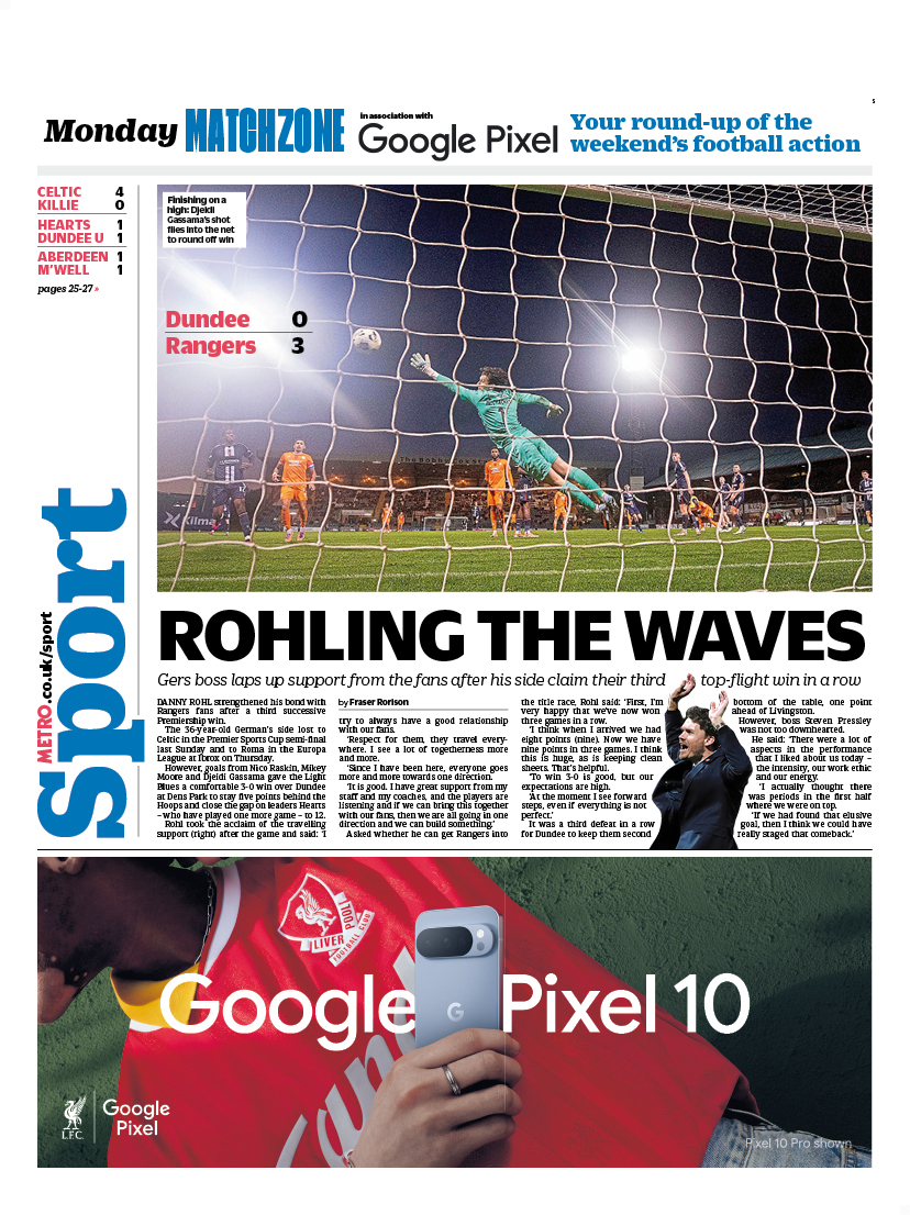 MetroScotland's tweet image. Monday&apos;s back page       

ROHLING THE WAVES

Gers boss laps up support from the fans after his side claim their third top-flight win in a row 

#scotpapers #bbcpapers #skypapers