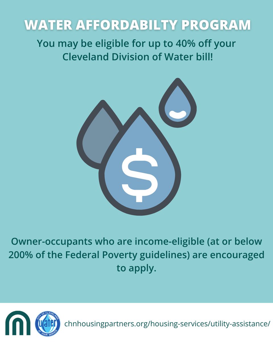 CHNhousing's tweet photo. CHN offers assistance with water bills for customers of the City of Cleveland Division of water who own and occupy their home. 

Questions? Call 1-888-901-1222 or to apply visit: https://t.co/J4D9qwJ5QB. https://t.co/0Wp0MOhIiY