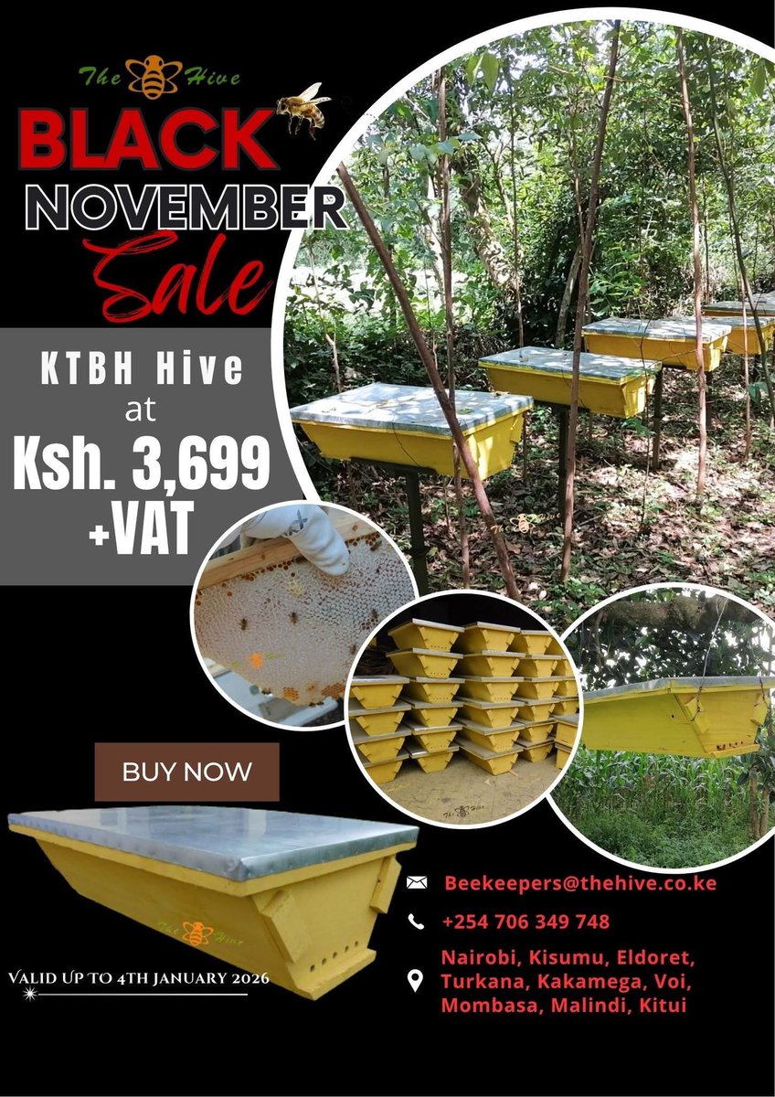Black November Sale is here!. Get your waxed Kenya Top Bar Hive (KTBH) at only KSh 3,699 + VAT. Build or expand your beekeeping venture with a quality beehive.

For orders and inquiries;
📞 +254 706 349 748
📧 beekeepers@thehive.co.ke
🌐thehivegp.com