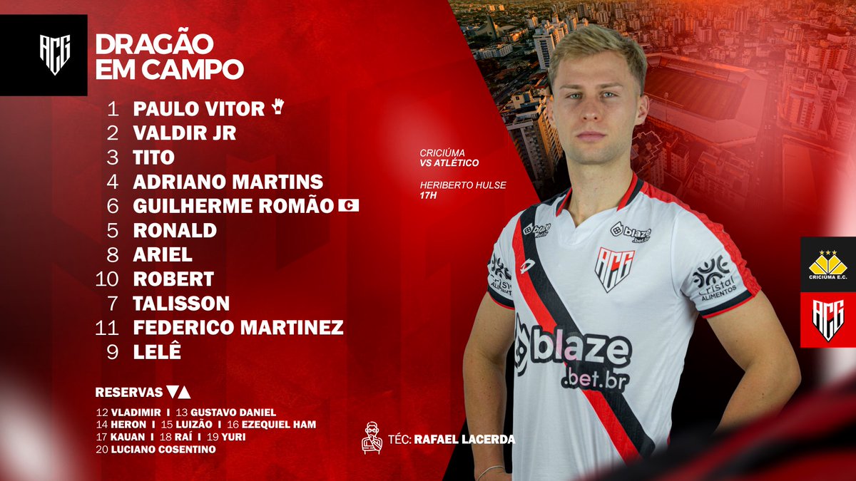 🇹🇹 Atlético Goianiense escalado para enfrentar o Criciúma! #ClubeDeTodos #DRAGÃO #BrasileirãoB2025