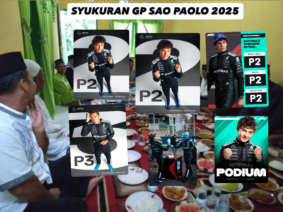 MercedesAMGIndo's tweet photo. 🚨SYUKURAN #SaoPaoloGP 2025

Syukuran GP Sao Paolo:
- Kimi Antonelli start P2 dan finish P2 (sprint dan main race)
- George Russell start sprint P4 finish P3, start main race P6 finish P4
- Mercedes P2 konstruktor 🤩

YUK BERSYUKUR DULU ~
SELAMAT MENIKMATI 🥘🍚🥧

#F1 #BrazilGP https://t.co/c6Ab63grTo