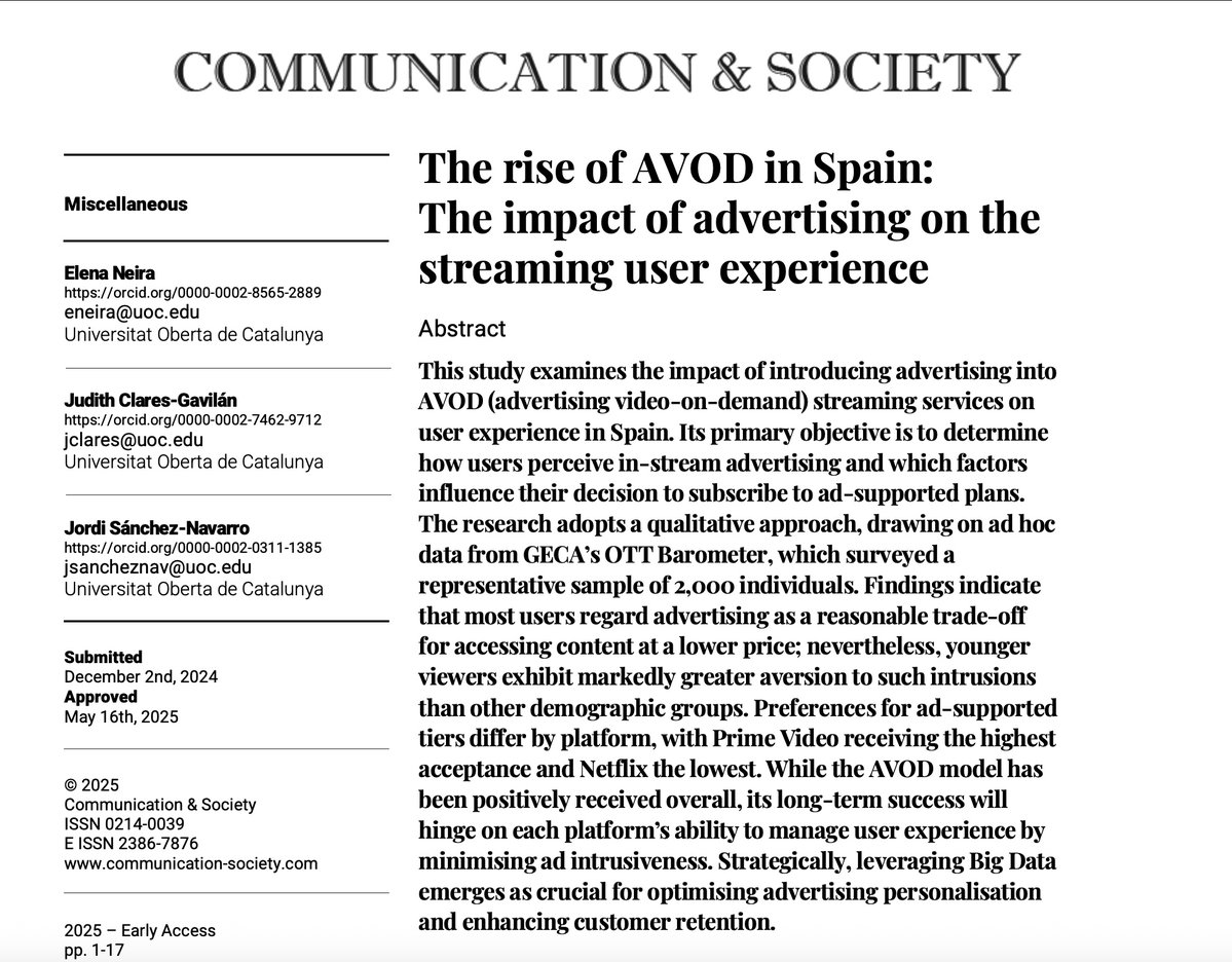 ¡¡Recién salido del horno!! Acabamos de publicar en #CommunicationandSociety <a href="/unav/">Universidad de Navarra</a> el estudio "El auge del AVOD en España: impacto de la publicidad en la experiencia de los usuarios del streaming" con datos del #BarómetroOTT de @GECA doi.org/10.15581/003.3…