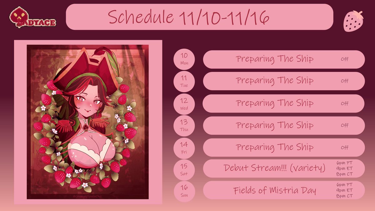 Lady_Ace_'s tweet image. Ahoy!! Quick reminder Debut is November 15th!! Come watch and chat with me as I set sail 🏴‍☠️🏴‍☠️🍓