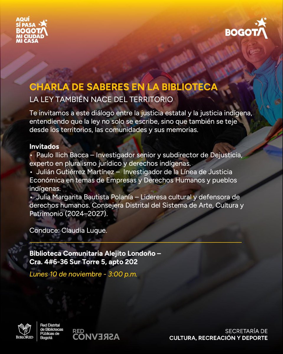 EditorialUR's tweet photo. 📖 La ley también nace del territorio
🤓Charla de saberes de la biblioteca 🤓 Acompañanos en nuestro encuentro en la Biblioteca Comunitaria Alejito Londoño📍esté lunes 10 de noviembre 📅 3:00pm🕞
🎟️Evento organizado por Biblored y la Red CONVERSA @bibloredbogota
#LeeURosario https://t.co/SoYKtCoXgF
