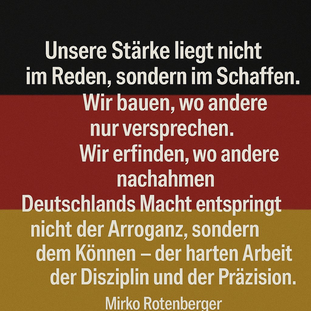 Unsere Stärke liegt nicht im Reden, sondern im Schaffen.
Wir bauen, wo andere nur versprechen.
Wir erfinden, wo andere nachahmen.
Deutschlands Macht entspringt nicht der Arroganz,
sondern dem Können – der harten Arbeit, der Disziplin und der Präzision.

Mirko Rotenberger

Doran